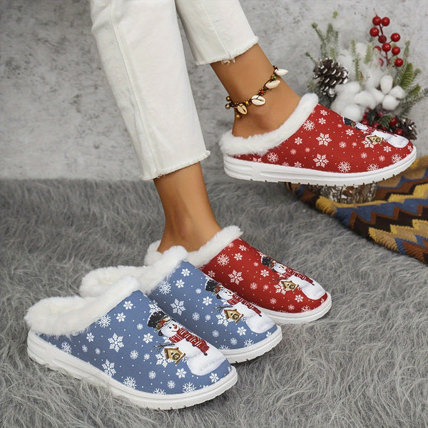 1 Pair Fleece Lined Cozy Christmas Cartoon Snowman Printed Women's Slippers - Warm Plush Canvas Indoor House Shoes with TPR Sole for Home Use