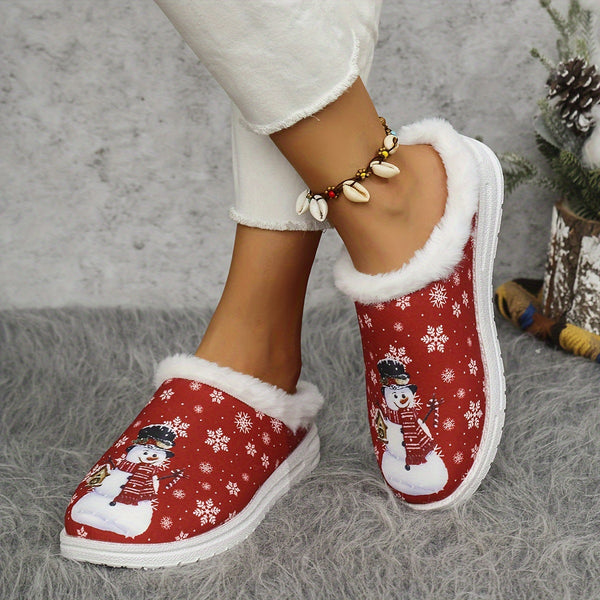 1 Pair Fleece Lined Cozy Christmas Cartoon Snowman Printed Women's Slippers - Warm Plush Canvas Indoor House Shoes with TPR Sole for Home Use