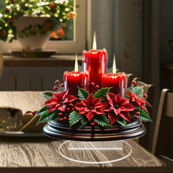 Acrylic Christmas Candle Centerpiece with Red Poinsettia - Perfect for Home, Office, Cafe & Living Room Decor | Ideal Holiday Gift & Housewarming Present