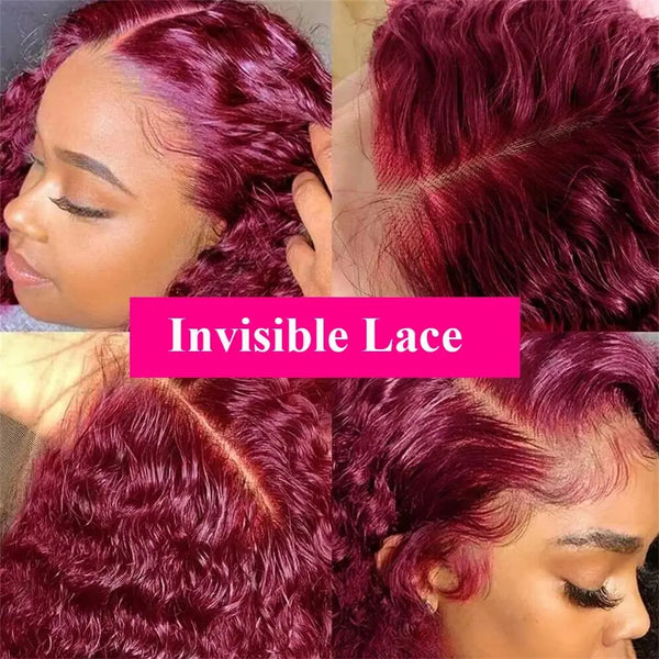 Burgundy 99J Deep Wave Short Bob Wigs 100% Human Hair Wig Water Curly Wig Baby Hair 13x4 Lace Front Human Hair Bob Wig For Women