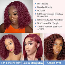 Burgundy 99J Deep Wave Short Bob Wigs 100% Human Hair Wig Water Curly Wig Baby Hair 3x4 Lace Front Human Hair Wig For Women
