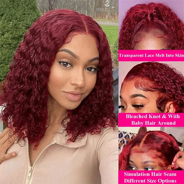 Burgundy 99J Deep Wave Short Bob Wigs 100% Human Hair Wig Water Curly Wig Baby Hair 13x4 Lace Front Human Hair Bob Wig For Women