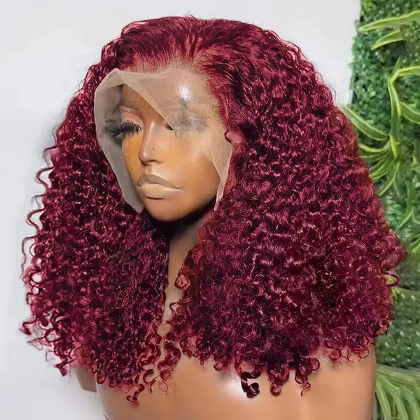 99J Burgundy Bob Deep Wave Lace Front Wigs Human Hair For Women 13x4 HD Lace Frontal Short Curly Bob Wigs Hair Wigs