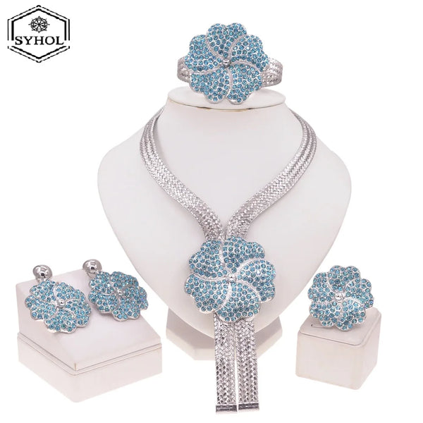 SYHOL Women Jewelry Set 24K Gold Plated Original Brass Necklace with Rhinestone Pendant Earrings Luxury Wedding Silver Jewelry