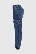 Women's Distressed Stretch Cropped Denim Jeans-Fashionable Elastic Cuff, Multi-Pocket Casual Cargo Pants Sporty Wear Jeans T16