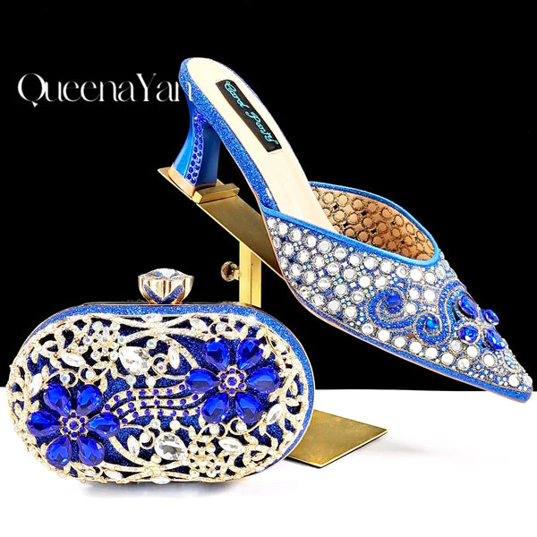 QUEENA YAN 2025 INS FANTATIC BLUE Rhinestone-encrusted Sex Ladies Shoes / MATCHING  SPARKING MINI BAG (SPECIAL COLLECTION)
