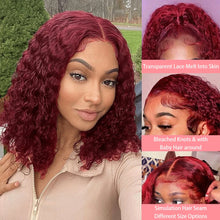 Red Colored 99J Curly Deep Water Wave 13x4 Lace Front Wigs Short Bob 100% Brazilian Human Hair HD Lace Frontal Wig