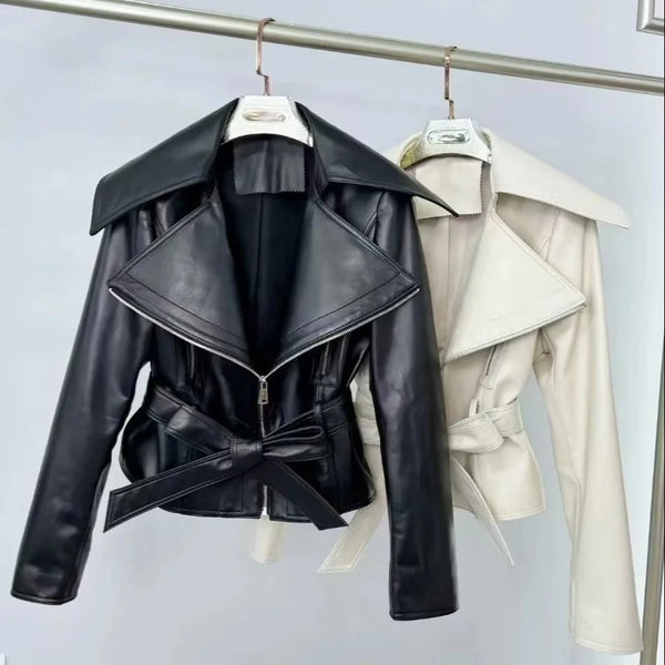 Women's Coat Elegant Leather Jacket With Large Collar