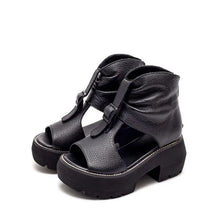 Vintage Genuine Leather Sandals Mid Heel Summer Fish Mouth Ladies Shoes Summer Shoes Casual Mother Sandals