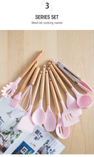 Pink Cooking Kitchenware Tool Silicone Utensils With Wooden Multifunction Handle Non-Stick Spatula Ladle Egg Beaters Shovel Set