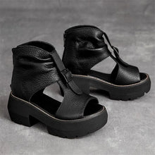 Vintage Genuine Leather Sandals Mid Heel Summer Fish Mouth Ladies Shoes Summer Shoes Casual Mother Sandals