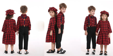 top and top Autumn Winter Christmas Brother and Sister Matching Sets Boys Gentleman Suit+ Girls Dresses Children Clothing Sets