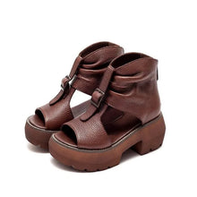 Vintage Genuine Leather Sandals Mid Heel Summer Fish Mouth Ladies Shoes Summer Shoes Casual Mother Sandals
