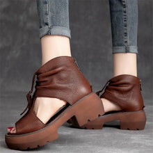 Vintage Genuine Leather Sandals Mid Heel Summer Fish Mouth Ladies Shoes Summer Shoes Casual Mother Sandals
