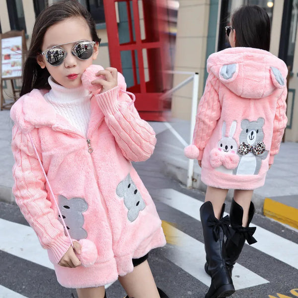 4-12 Years Winter Girls Jackets Keep Warm Thicken Christmas Coat 2023 Autumn Hooded Zipper Thickened Long Outerwear Kids Clothes