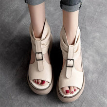 Vintage Genuine Leather Sandals Mid Heel Summer Fish Mouth Ladies Shoes Summer Shoes Casual Mother Sandals