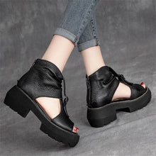 Vintage Genuine Leather Sandals Mid Heel Summer Fish Mouth Ladies Shoes Summer Shoes Casual Mother Sandals