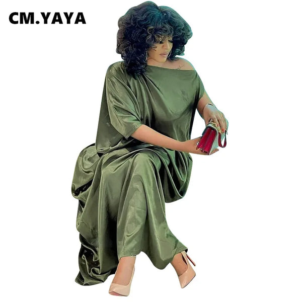 CM.YAYA Women Plus Size Dress  Solid Short Batwing Slleve Asymmetrical Maxi Long Dresses Female Fashion Vintage Vestidos Summer