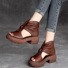 Vintage Genuine Leather Sandals Mid Heel Summer Fish Mouth Ladies Shoes Summer Shoes Casual Mother Sandals