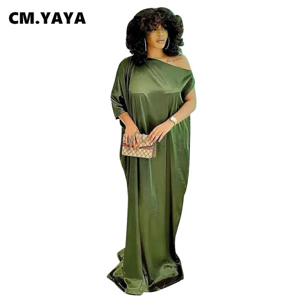 CM.YAYA Women Plus Size Dress  Solid Short Batwing Slleve Asymmetrical Maxi Long Dresses Female Fashion Vintage Vestidos Summer