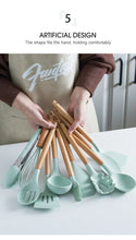 Pink Cooking Kitchenware Tool Silicone Utensils With Wooden Multifunction Handle Non-Stick Spatula Ladle Egg Beaters Shovel Set