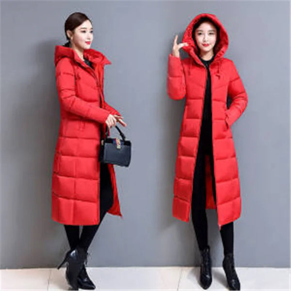 Winter Hooded Jacket Over The Knee Long Thick Women's Slim-Fitting Down Padded