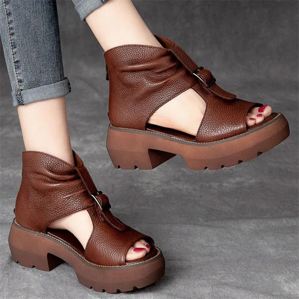 Vintage Genuine Leather Sandals Mid Heel Summer Fish Mouth Ladies Shoes Summer Shoes Casual Mother Sandals