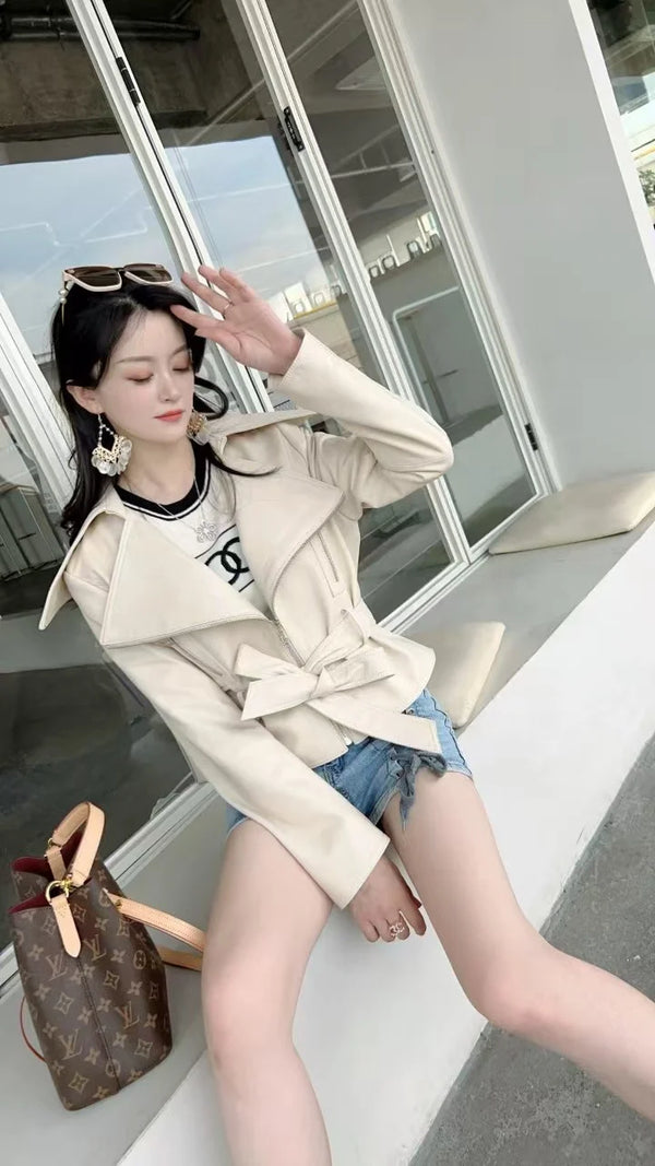 Women's Coat Elegant Leather Jacket With Large Collar