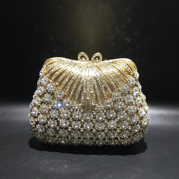 Women Gold Color Flower Rhinestones Clutch Bags Crystal Evening Purse Stones Metal Clutches Small Minaudiere Handbag Wedding Bag