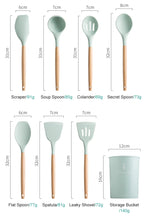 Pink Cooking Kitchenware Tool Silicone Utensils With Wooden Multifunction Handle Non-Stick Spatula Ladle Egg Beaters Shovel Set