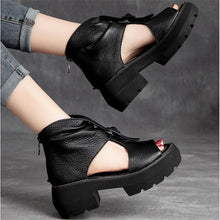 Vintage Genuine Leather Sandals Mid Heel Summer Fish Mouth Ladies Shoes Summer Shoes Casual Mother Sandals