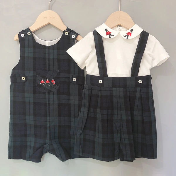 Children Boutique Clothing Set Baby Boy Clothes Soldier Embroidered Cotton Shirt British plaid Romper For 3seasons 0-5years