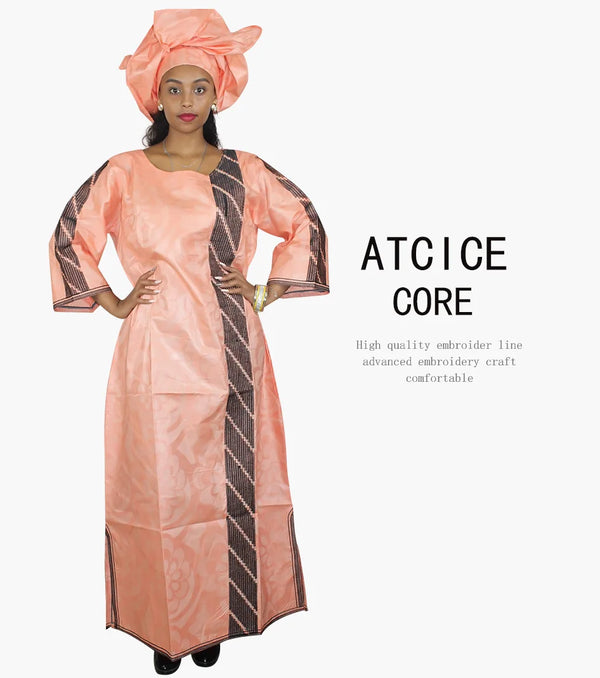 African Bazin Riche Embroidery  For Women Long Dress With Scarf