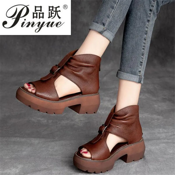 Vintage Genuine Leather Sandals Mid Heel Summer Fish Mouth Ladies Shoes Summer Shoes Casual Mother Sandals