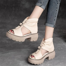 Vintage Genuine Leather Sandals Mid Heel Summer Fish Mouth Ladies Shoes Summer Shoes Casual Mother Sandals