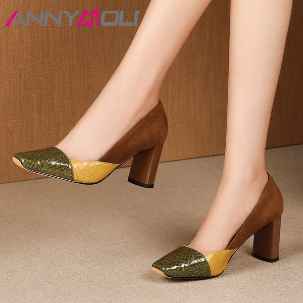 ANNYMOLI High Heels Women Pumps Natural Genuine Leather Thick High Heel Party Shoes Mixed Colors Square Toe Shoes Ladies Size 39