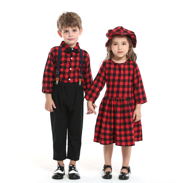 top and top Autumn Winter Christmas Brother and Sister Matching Sets Boys Gentleman Suit+ Girls Dresses Children Clothing Sets
