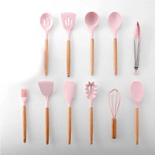 Pink Cooking Kitchenware Tool Silicone Utensils With Wooden Multifunction Handle Non-Stick Spatula Ladle Egg Beaters Shovel Set