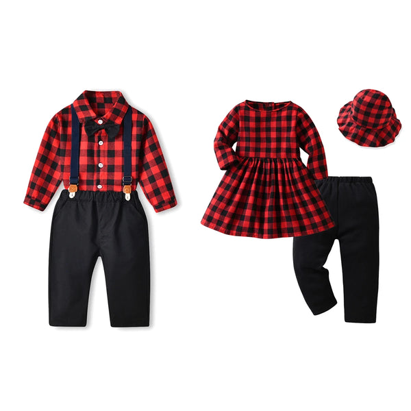 top and top Autumn Winter Christmas Brother and Sister Matching Sets Boys Gentleman Suit+ Girls Dresses Children Clothing Sets