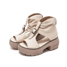 Vintage Genuine Leather Sandals Mid Heel Summer Fish Mouth Ladies Shoes Summer Shoes Casual Mother Sandals