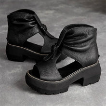 Vintage Genuine Leather Sandals Mid Heel Summer Fish Mouth Ladies Shoes Summer Shoes Casual Mother Sandals