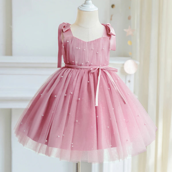 Elegant Kid Dress for Girl Tutu Fluffy Princess Pearls Wedding Gown Children Birthday Party Dress Summer Girl Sleeveless Clothes
