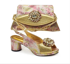 Italian Shoes and Bags Matching Set Decorated with Rhinestone Nigerian Heel Party for Women African Wedding Shoes with Bag