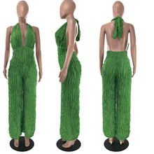 CM.YAYA Fashion Women Wave Ruffles Halter Deep V-neck Backless Sleeveless Wide Leg Jumpsuit 2023 Sexy Party Club Romper Playsuit