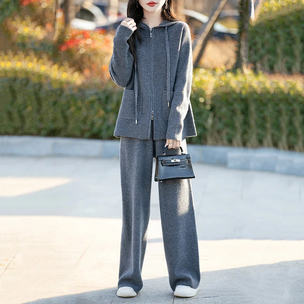 100% Merino wool fall/winter new women's sweater crewneck hooded Cardigan Fashion all-in-one warm pants suit