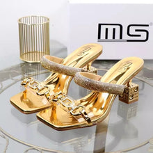 Womens Slippers with Middle Heel Open Toes Anti Slip Rhinestones Chain Buckle 2025 New Summer Outdoor PU Fashion Slippers