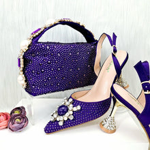 JMF New arrive Italian Design Blue Women's Fashion Rhinestone Pearl Point Toe Stiletto Heels Sandals Women's Shoes & Bag Set