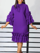 Church Dressese for Woman 2024 Plus Size Elegant Purple Dress Flanged Flared Sleeve Shirt Pleated Ruffles Bow Collar