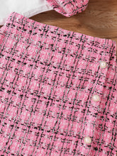 Children's Clothing Girls' Fashion Fragrance Set -3-Piece Set of Pink Checkered Coat, Pink Checkered Skirt, and Solid Color Shir