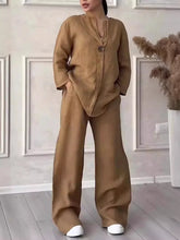 Cotton Linen Sets Two 2 Pieces Sale Casual Long Sleeve Button Loose Blouse Shirt&High Elastic Wide Leg Loose Pant Suits NMD-3021